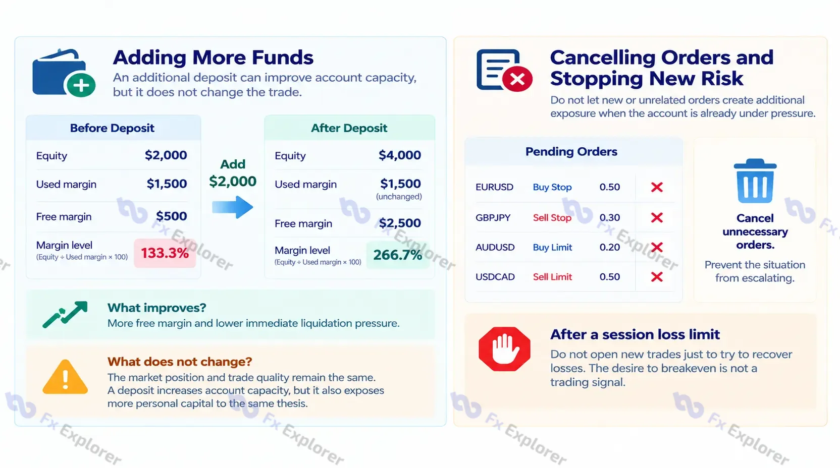 Account comparison showing a $2,000 deposit raising margin level from 133.3% to 266.7% while trade exposure stays unchanged.