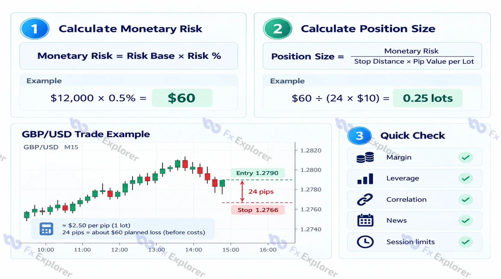 Position sizing workflow calculating $60 monetary risk and a 0.25-lot GBP/USD position from a 24-pip stop.