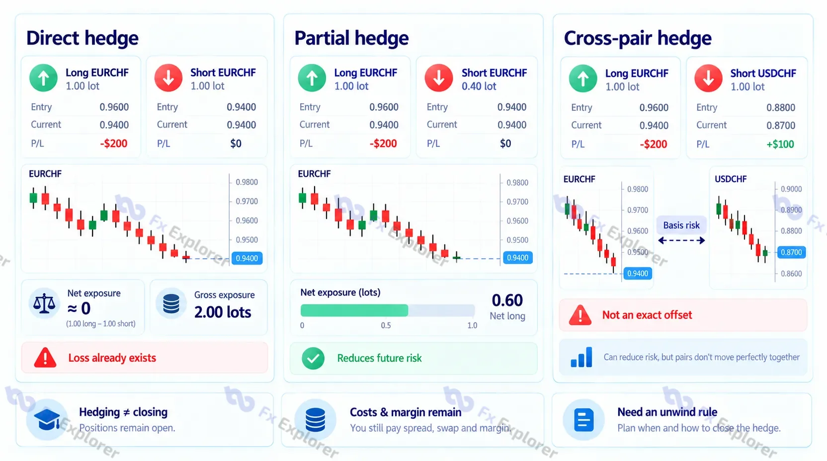 Direct, partial, and cross-pair forex hedges comparing net exposure, gross exposure, and basis risk.