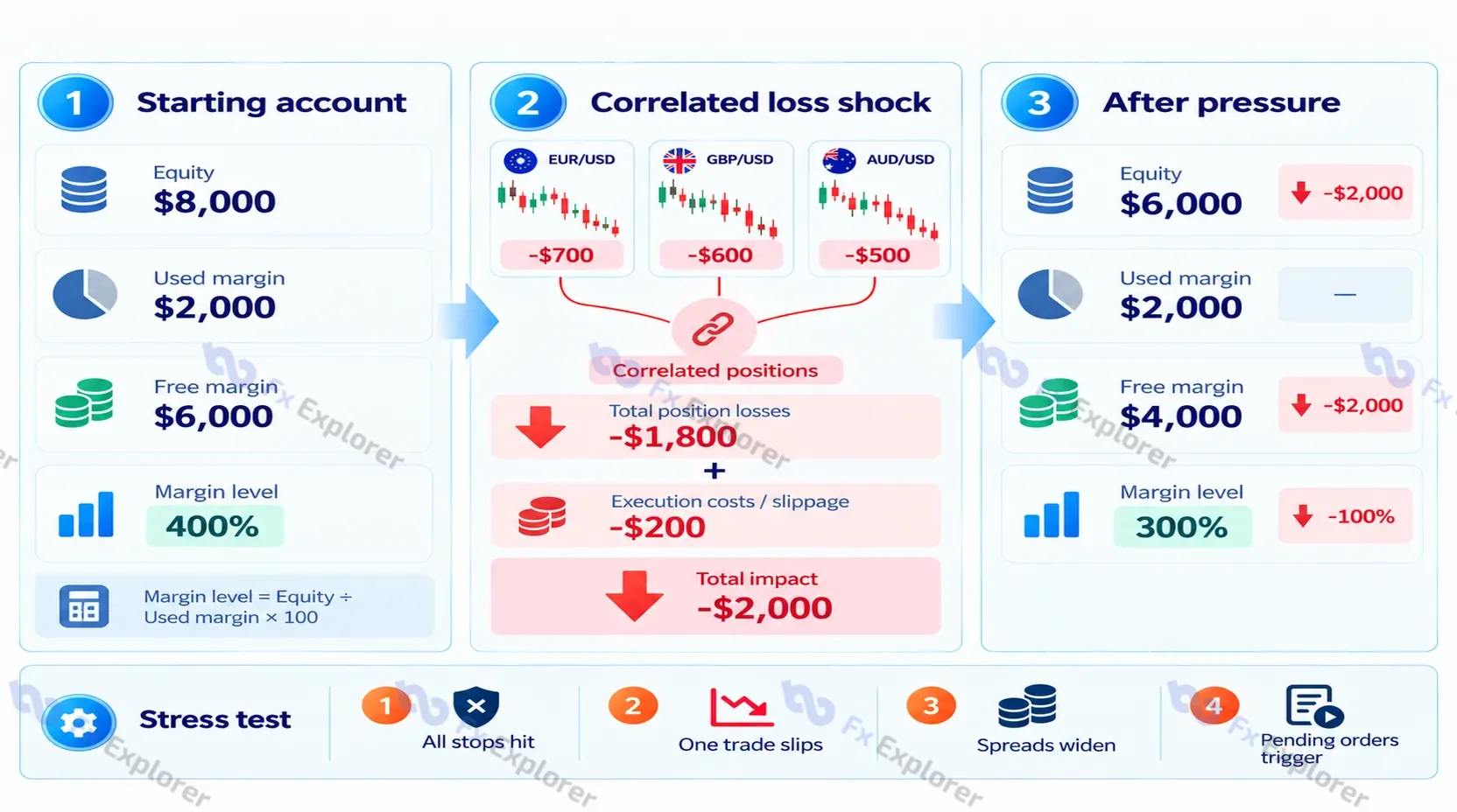 Correlated forex positions causing a $2,000 account shock and reducing margin level from 400% to 300%.Correlated forex positions causing a $2,000 account shock and reducing margin level from 400% to 300%.