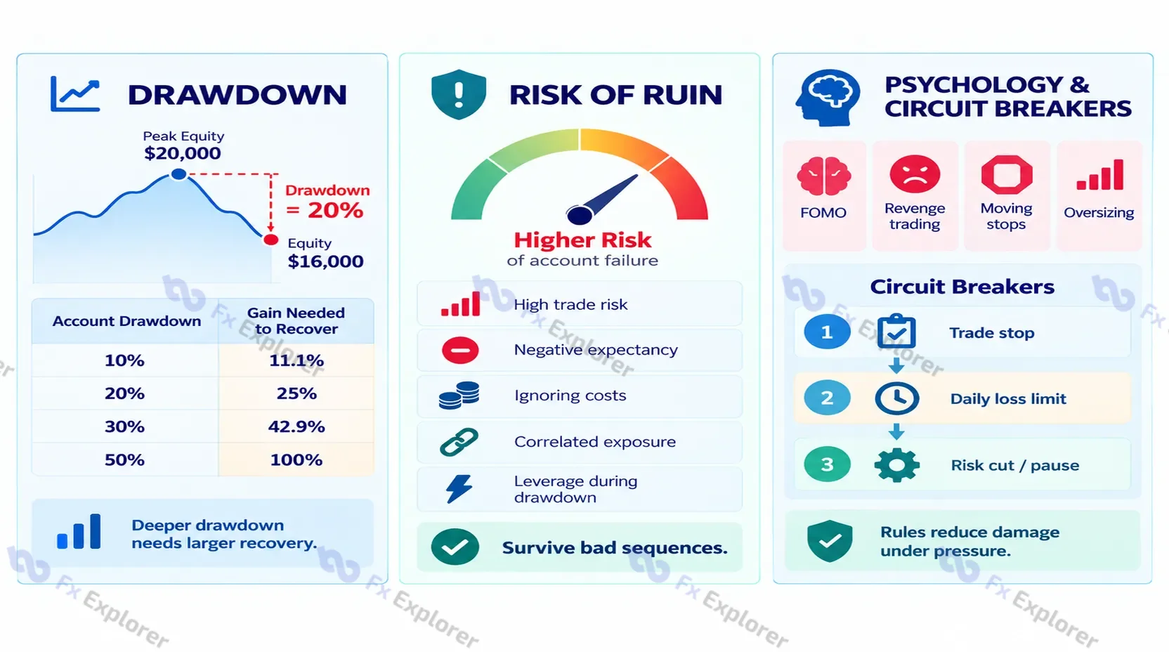 Drawdown dashboard showing a 20% decline, recovery requirements, risk-of-ruin factors, and trading circuit breakers.