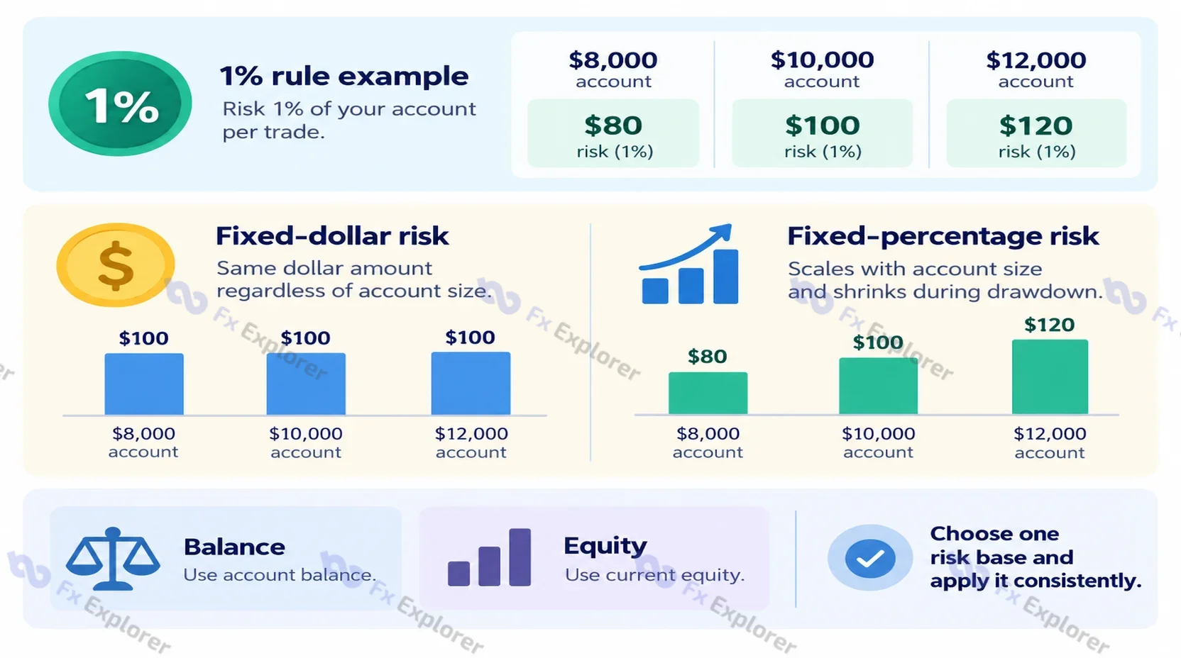 Fixed-dollar and fixed-percentage risk comparison using 1% risk across $8,000, $10,000, and $12,000 accounts.