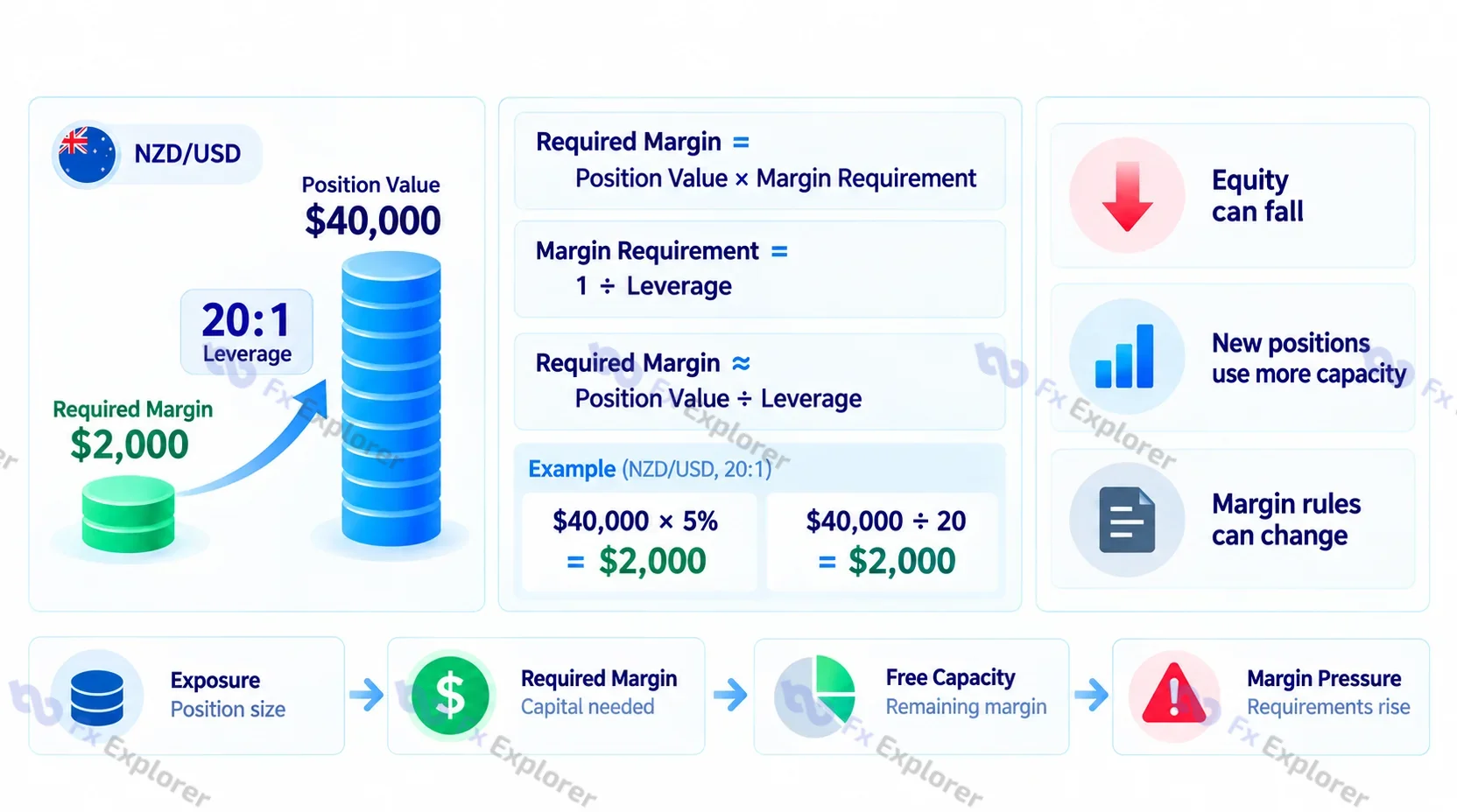Leverage and required margin example showing $40,000 exposure supported by $2,000 margin at 20:1 leverage.