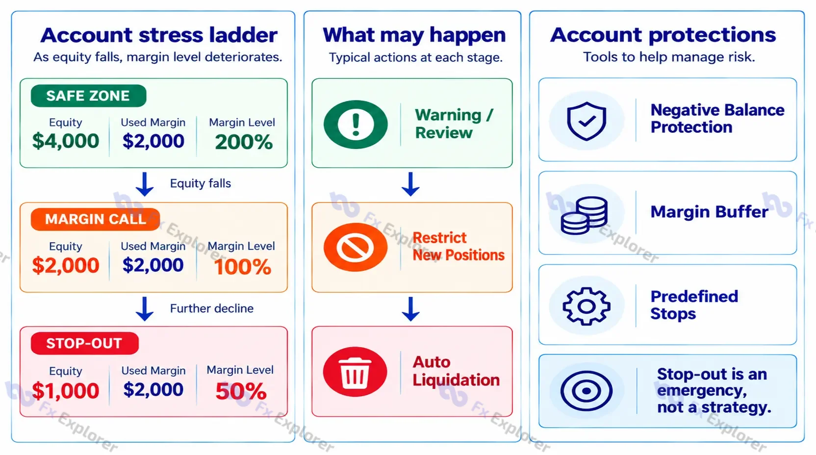 Account stress ladder showing margin level falling from 200% to a 100% margin call and 50% stop-out.