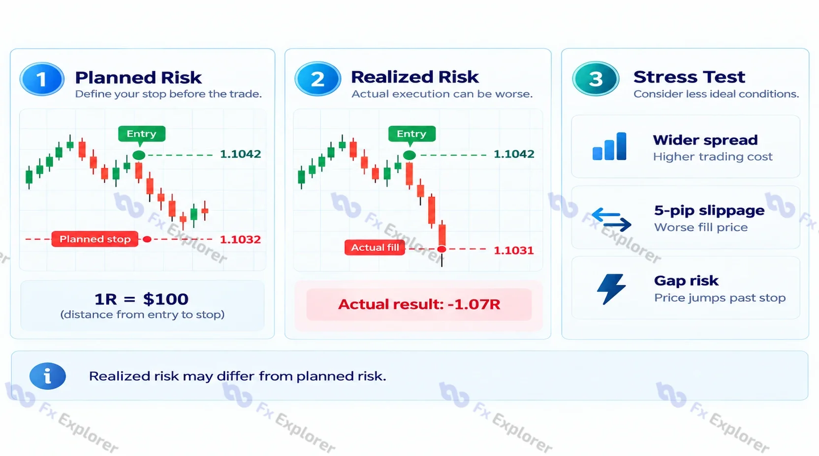 Planned versus realized trading risk showing a 1R stop and a worse 1.07R fill from execution effects.