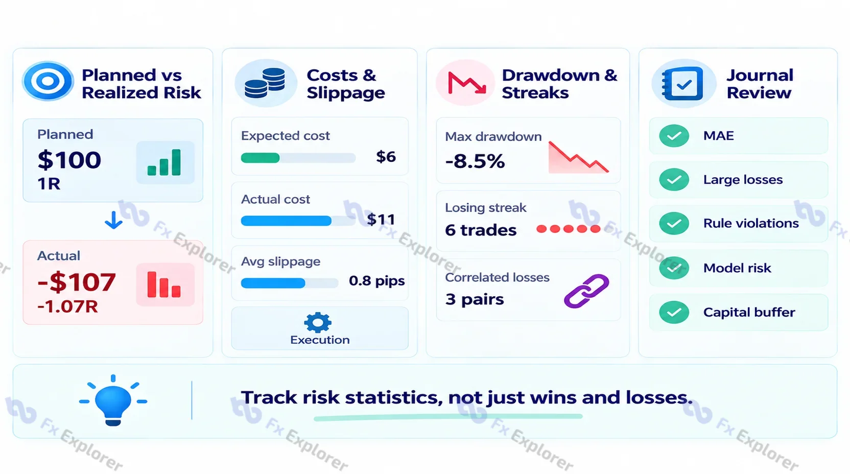 Trading risk review dashboard comparing planned and realized risk, costs, slippage, drawdown, losing streaks, and journal checks.