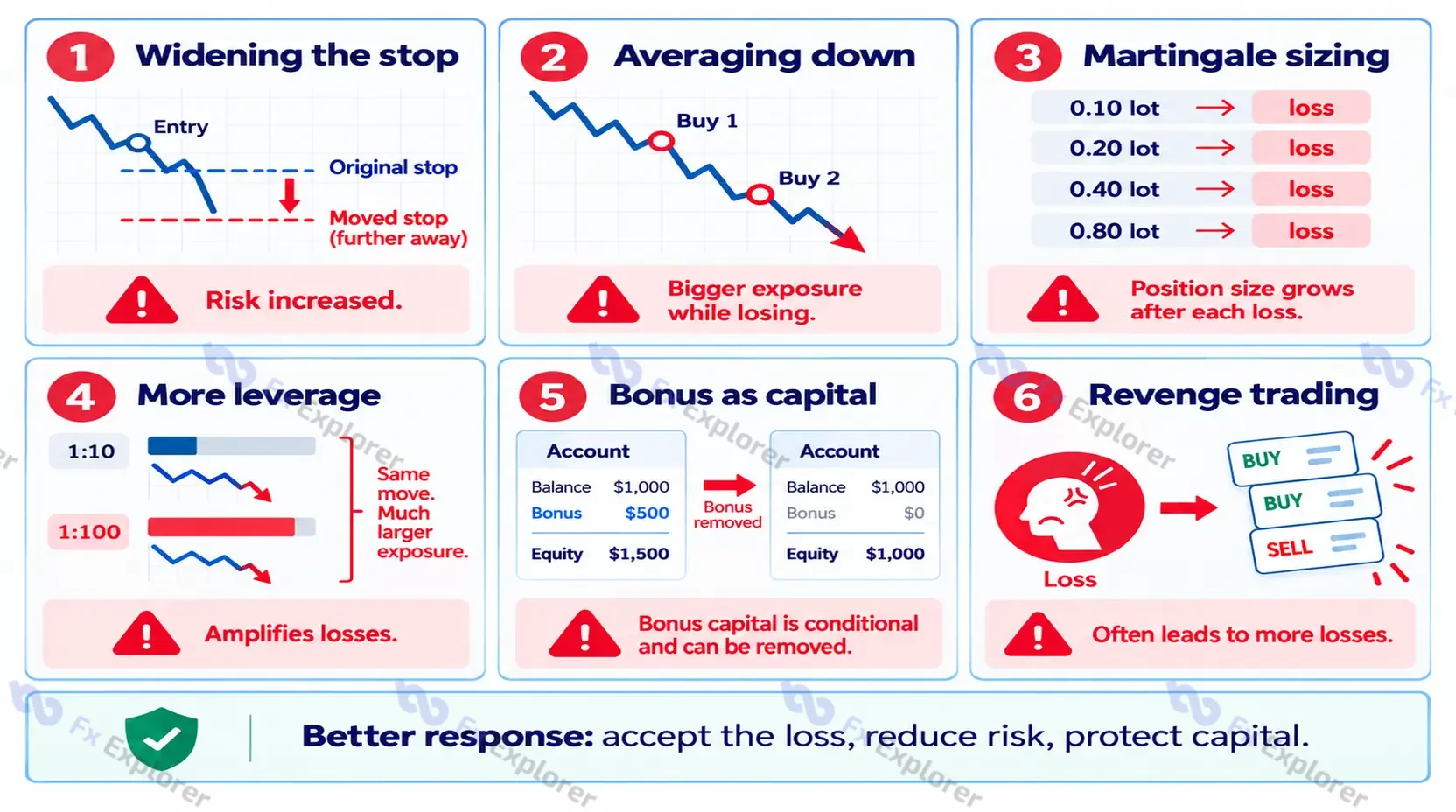 Six forex risk mistakes including wider stops, averaging down, martingale sizing, more leverage, bonus reliance, and revenge trading.