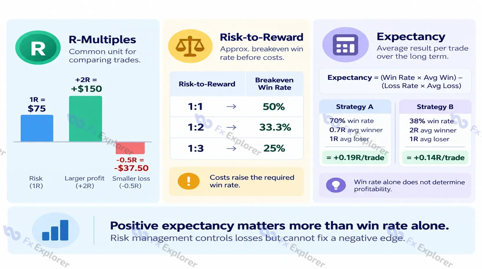 R-multiple, risk-to-reward, breakeven win rate, and expectancy comparison for two trading strategies.