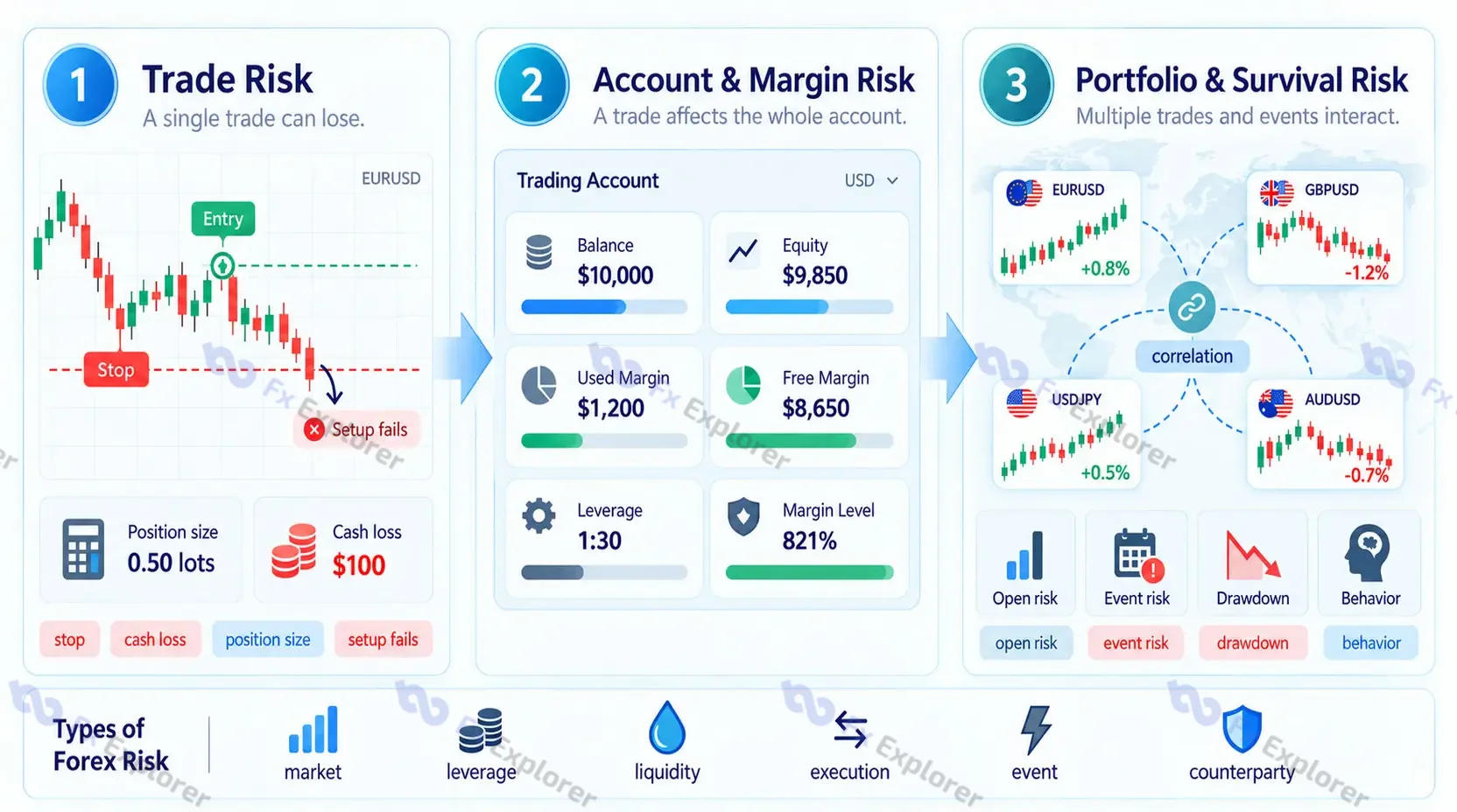 Three-layer forex risk framework showing trade risk, account margin risk, and portfolio survival risk.